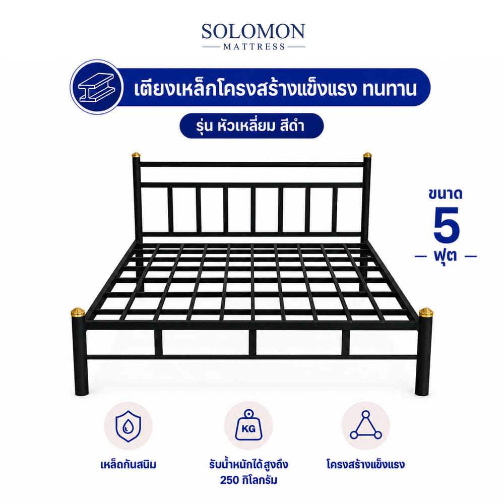 เตียงเหล็ก 5 ฟุต SOLOMON รุ่น หัวเหลี่ยม สีดำ